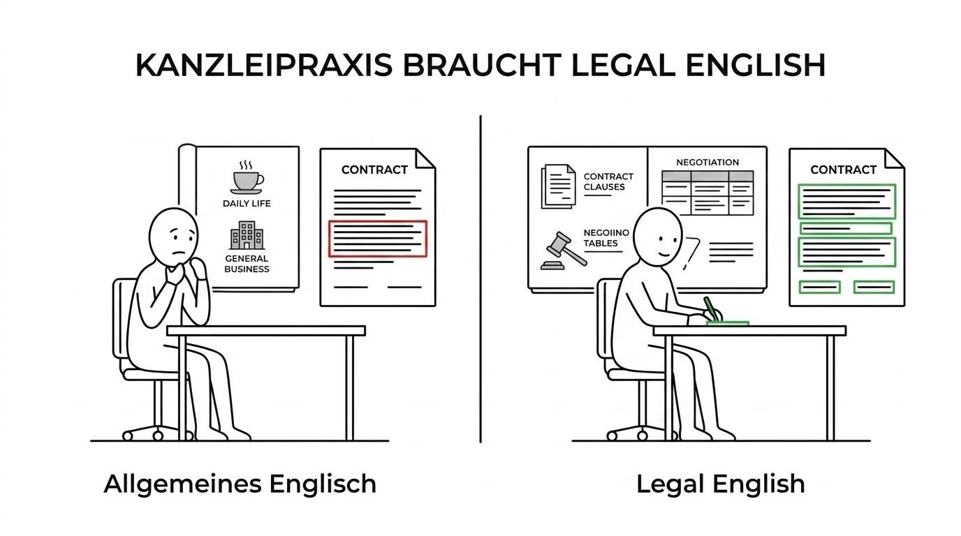 Vergleich: allgemeines Business English gegenüber spezialisiertem Legal English für Verträge, Verhandlungen, E-Mails und juristische Meetings.